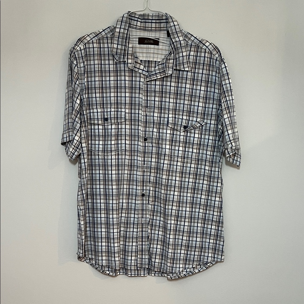 Tasso Elba Black and White  Blue Brown Plaid Button Down Shirt Short Sleeve
